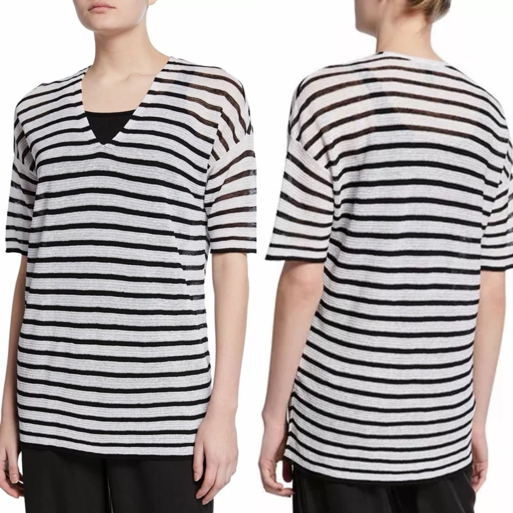 Eileen‎ Fisher Organic Linen Crepe Striped V Neck Tee, Black White - Size S